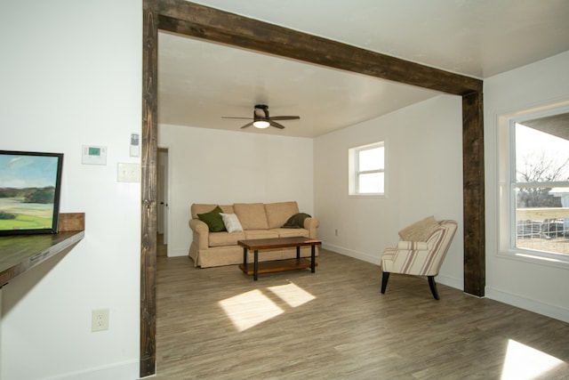 living room with beamed ceiling, ceiling fan, and light wood-type flooring