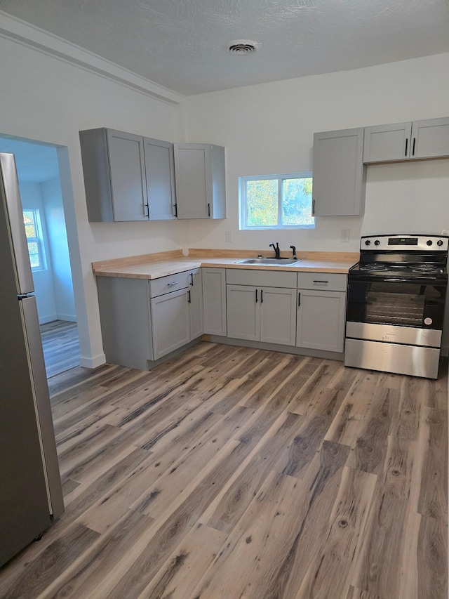 kitchen featuring gray cabinets, appliances with stainless steel finishes, and hardwood / wood-style floors