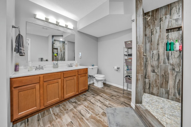 bathroom with vanity, a tile shower, and toilet