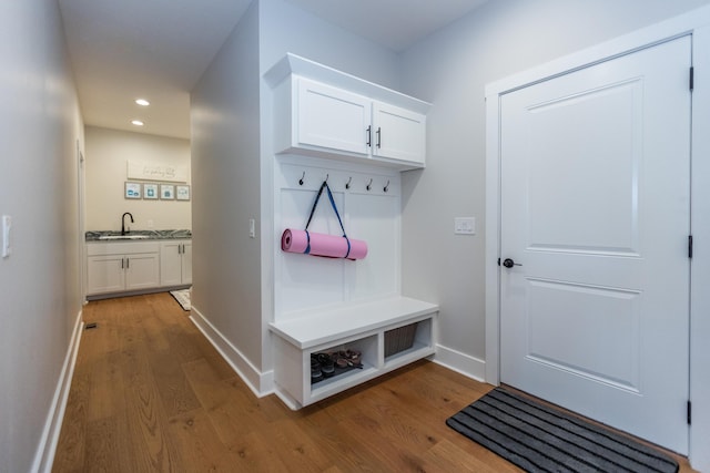 mudroom with dark wood-type flooring and sink