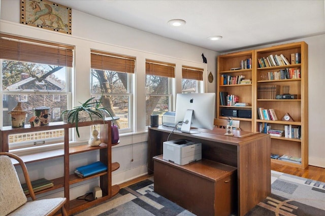 office space with a healthy amount of sunlight and dark wood-type flooring