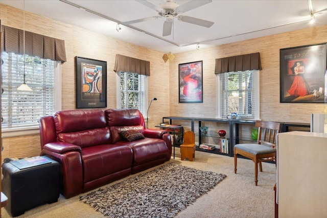 living room with ceiling fan, track lighting, and light colored carpet