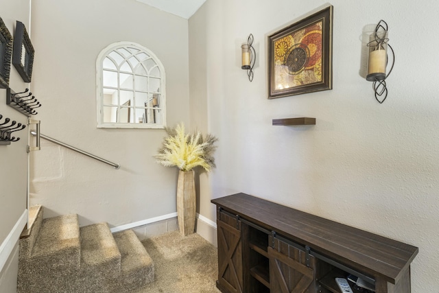 interior space with carpet flooring and baseboards