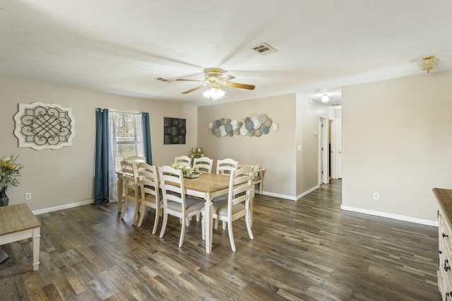 dining area with a ceiling fan, baseboards, visible vents, and dark wood-type flooring