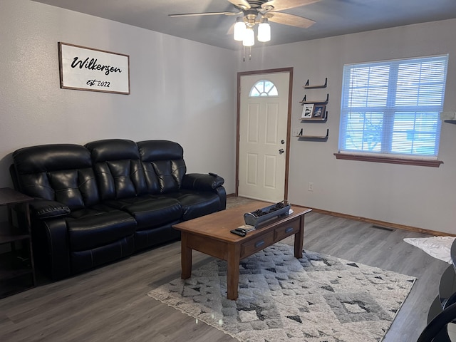 living room with ceiling fan and hardwood / wood-style floors