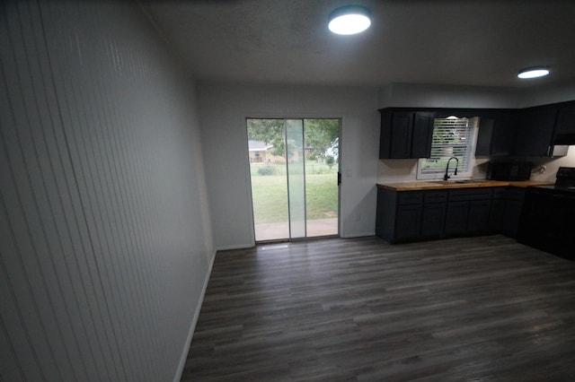 kitchen with sink, dark hardwood / wood-style flooring, and black / electric stove