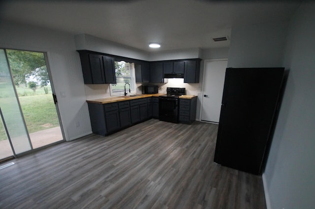 kitchen featuring sink, dark hardwood / wood-style floors, and black appliances