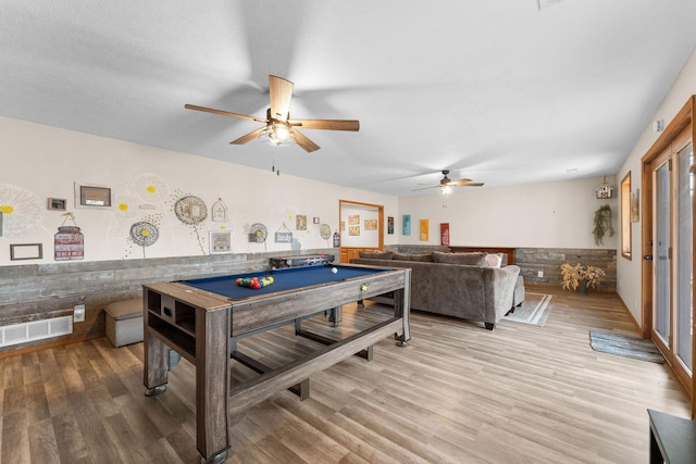 game room featuring pool table, visible vents, ceiling fan, and light wood finished floors