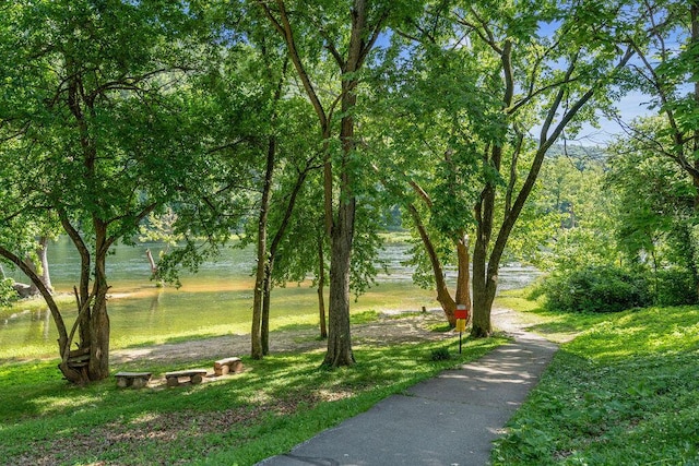 view of community with a water view and a lawn