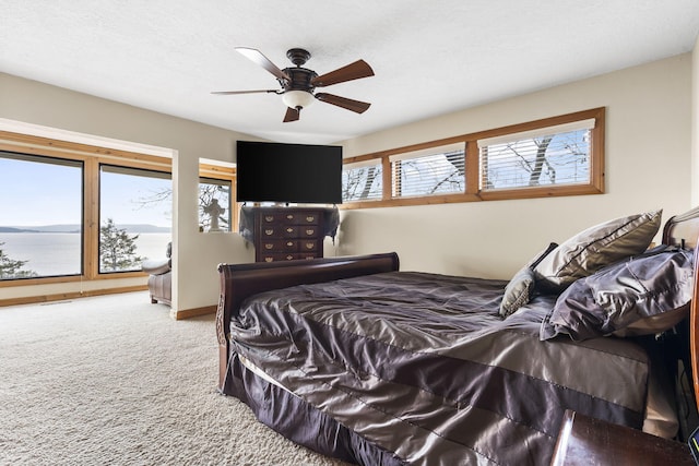 carpeted bedroom featuring ceiling fan, multiple windows, and a textured ceiling