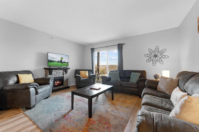 living room featuring a fireplace and light wood-type flooring