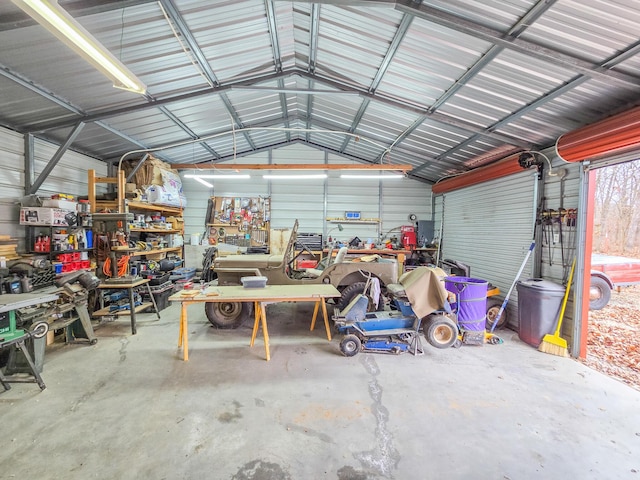 garage with a workshop area