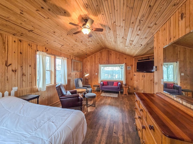 bedroom featuring multiple windows, lofted ceiling, and dark hardwood / wood-style flooring