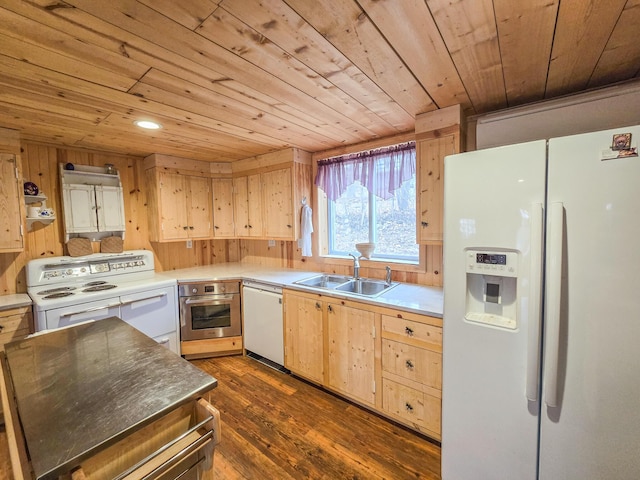 kitchen with light brown cabinetry, sink, wooden ceiling, dark hardwood / wood-style flooring, and white appliances