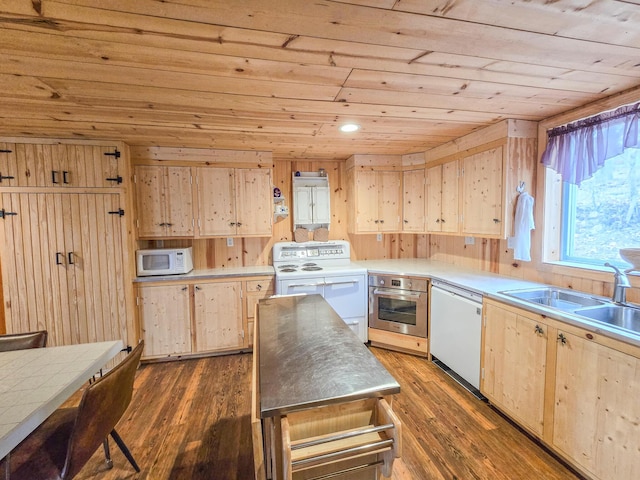 kitchen featuring sink, wood ceiling, white appliances, dark hardwood / wood-style flooring, and light brown cabinets