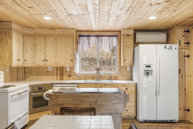 kitchen with sink, hardwood / wood-style flooring, white appliances, wood ceiling, and a wall unit AC