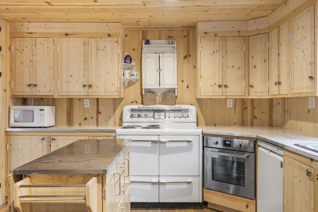 kitchen with wood ceiling, light brown cabinets, wood walls, and appliances with stainless steel finishes