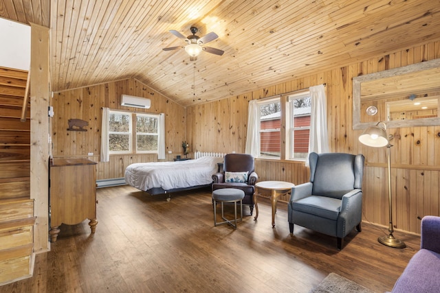 bedroom featuring dark wood-type flooring, lofted ceiling, wood ceiling, baseboard heating, and a wall unit AC