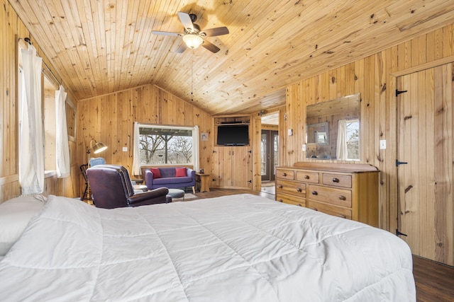 bedroom with hardwood / wood-style floors, wood ceiling, vaulted ceiling, and wood walls