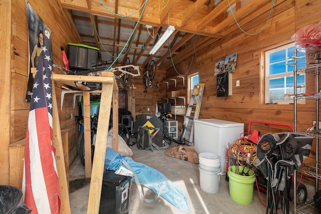 basement with fridge and wood walls