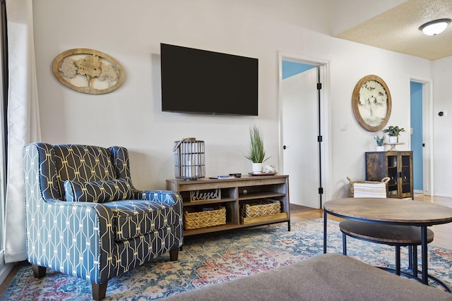 living room featuring wood-type flooring and a textured ceiling