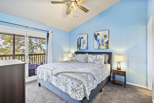 carpeted bedroom with lofted ceiling, access to exterior, a textured ceiling, and ceiling fan