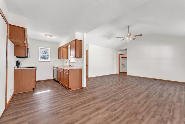 kitchen featuring lofted ceiling, sink, appliances with stainless steel finishes, dark hardwood / wood-style flooring, and ceiling fan