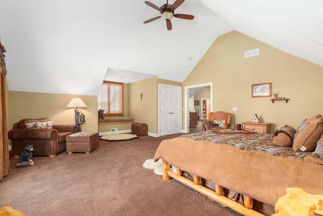 bedroom featuring visible vents, baseboards, carpet flooring, high vaulted ceiling, and a ceiling fan