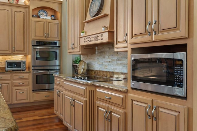 kitchen featuring open shelves, a toaster, backsplash, and stainless steel appliances