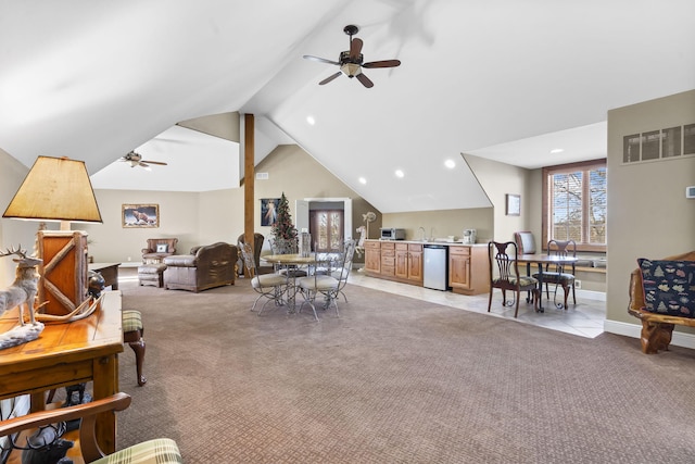 living area with recessed lighting, baseboards, light colored carpet, and a ceiling fan