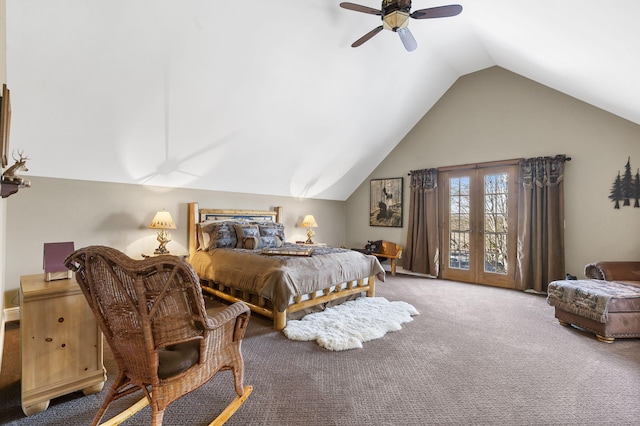 bedroom featuring access to exterior, carpet flooring, ceiling fan, and vaulted ceiling