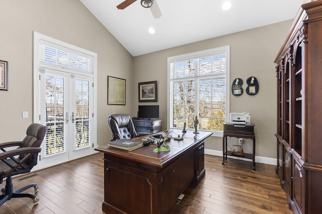 office space with french doors, lofted ceiling, ceiling fan, and dark wood-style flooring