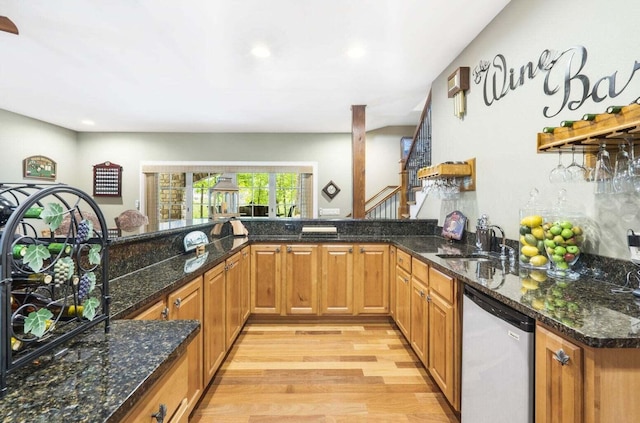 kitchen with sink, stainless steel dishwasher, kitchen peninsula, and dark stone counters