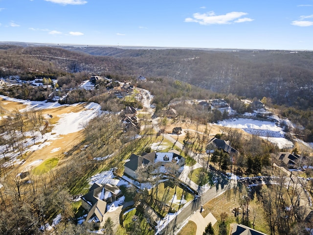 drone / aerial view with a wooded view