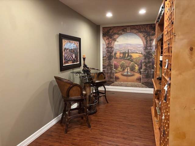 wine cellar featuring recessed lighting, wood finished floors, and baseboards