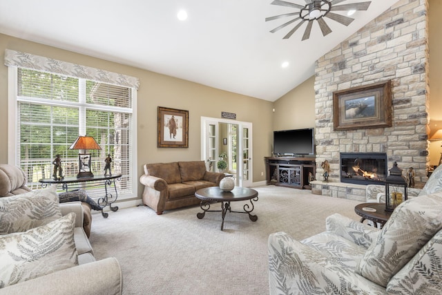 119 Silver Oak Way, Branson West, MO 65737 - living area featuring a stone fireplace, carpet, high vaulted ceiling, a ceiling fan, and recessed lighting