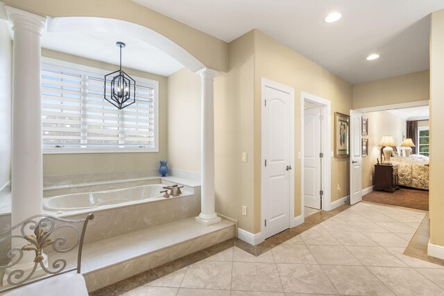 119 Silver Oak Way, Branson West, MO 65737 - ensuite bathroom with decorative columns, a garden tub, tile patterned floors, and recessed lighting