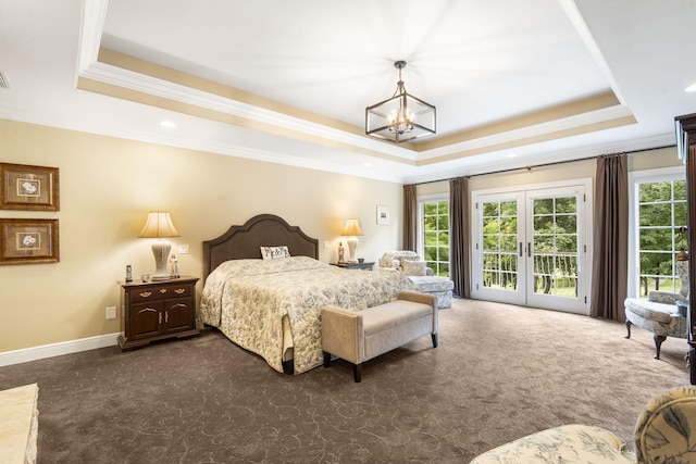 119 Silver Oak Way, Branson West, MO 65737 - bedroom with a raised ceiling, access to outside, dark colored carpet, a chandelier, and ornamental molding