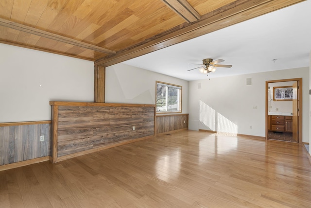 unfurnished living room featuring wooden walls, beamed ceiling, ceiling fan, wood ceiling, and light wood-type flooring