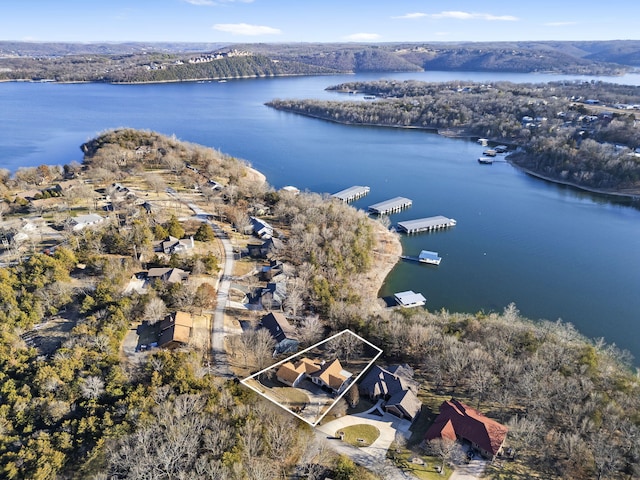 drone / aerial view featuring a water view