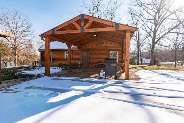 snow covered patio with grilling area