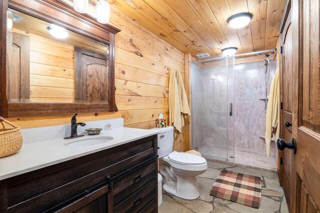 bathroom with a shower with shower door, wood walls, vanity, wood ceiling, and toilet