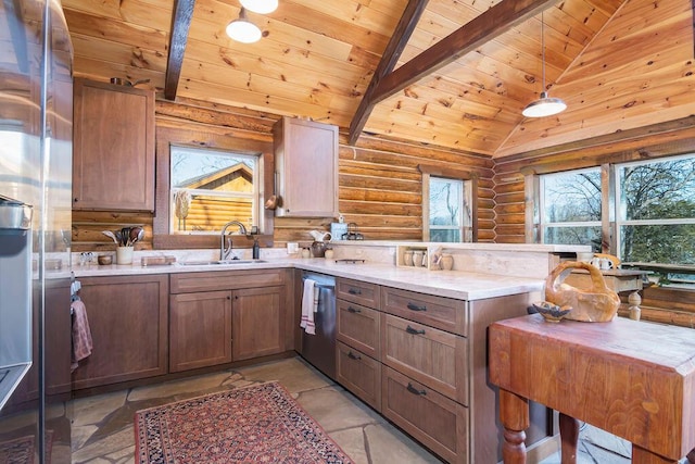 kitchen featuring sink, wood ceiling, rustic walls, vaulted ceiling with beams, and stainless steel dishwasher