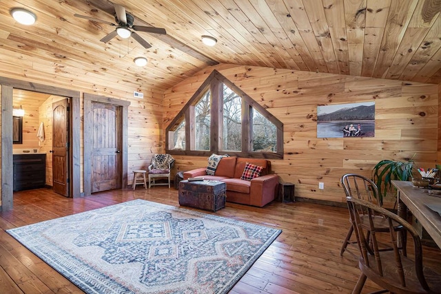 sitting room featuring lofted ceiling, wood ceiling, hardwood / wood-style flooring, and wooden walls