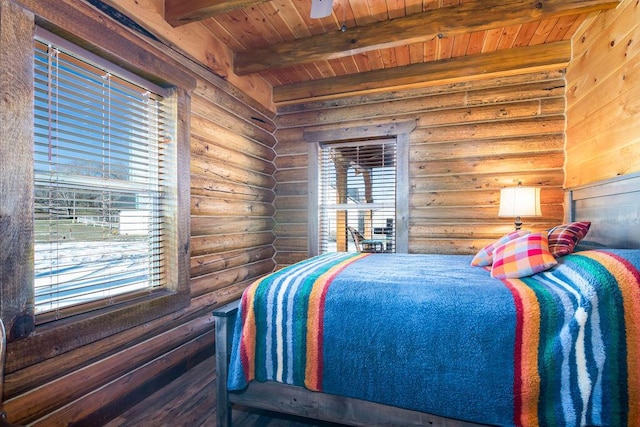 bedroom with beam ceiling, wooden ceiling, and log walls