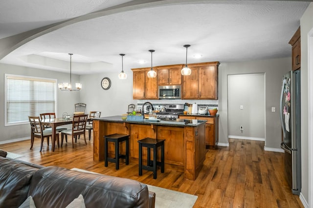 kitchen with stainless steel appliances, decorative light fixtures, dark hardwood / wood-style flooring, and a tray ceiling