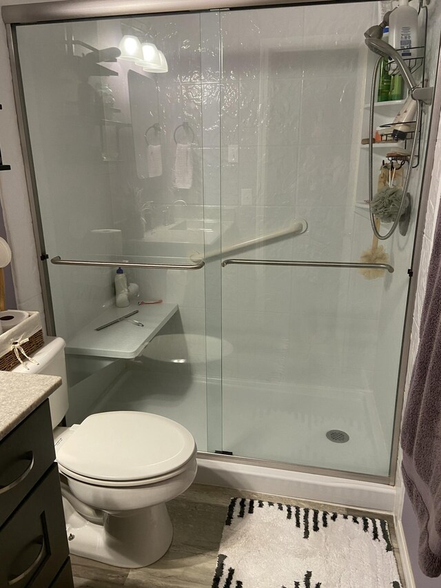 bathroom featuring vanity, toilet, and a shower stall