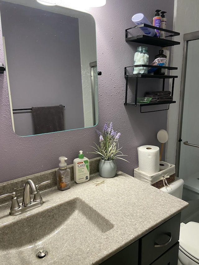 bathroom featuring toilet, a textured wall, and vanity