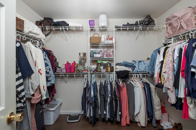 spacious closet featuring dark hardwood / wood-style flooring