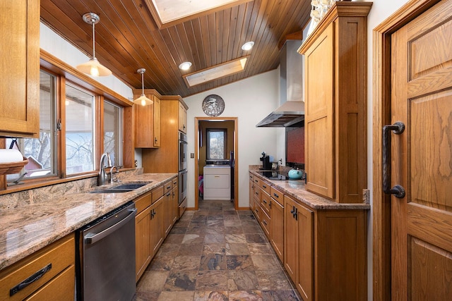 kitchen with appliances with stainless steel finishes, pendant lighting, sink, wood ceiling, and wall chimney range hood